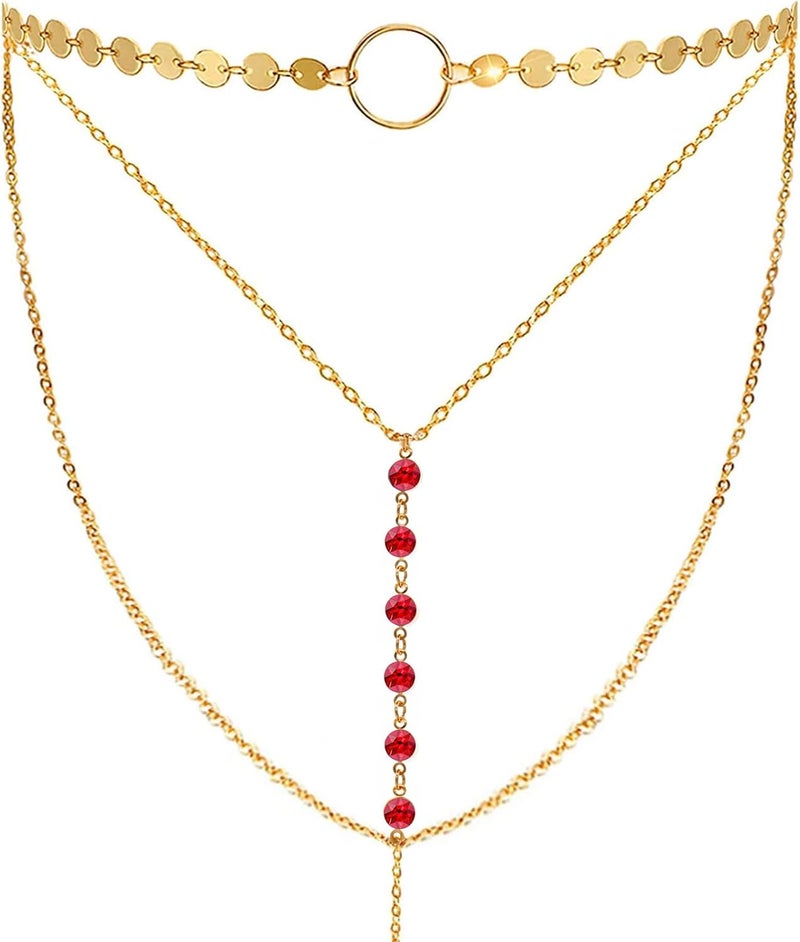 Suyi Stylish Layered Sequins Choker Necklace with Thin Long Chian Pendant for Women Lady - Image 1
